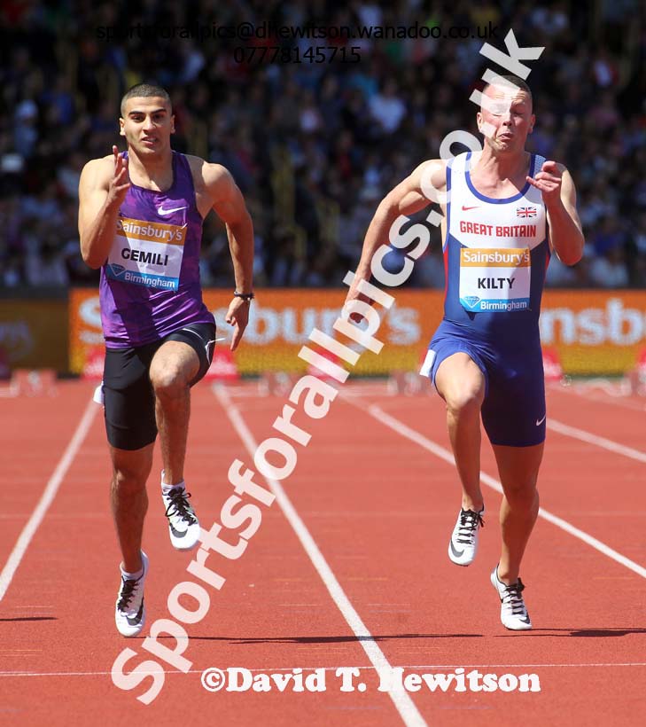Adam Gemili (GB) and Richard Kilty (GB)  mens 100 metres heats, IAAF Diamond League, Birmingham. Photo: David T. Hewitson/Sports for All Pics